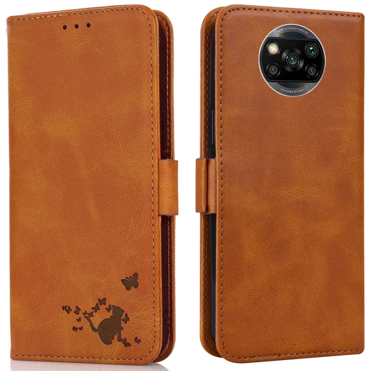 For Xiaomi Poco X3 NFC / X3 Embossed Cat Butterflies Pattern Horizontal Flip Leather Case with Card Slot & Holder & Wallet