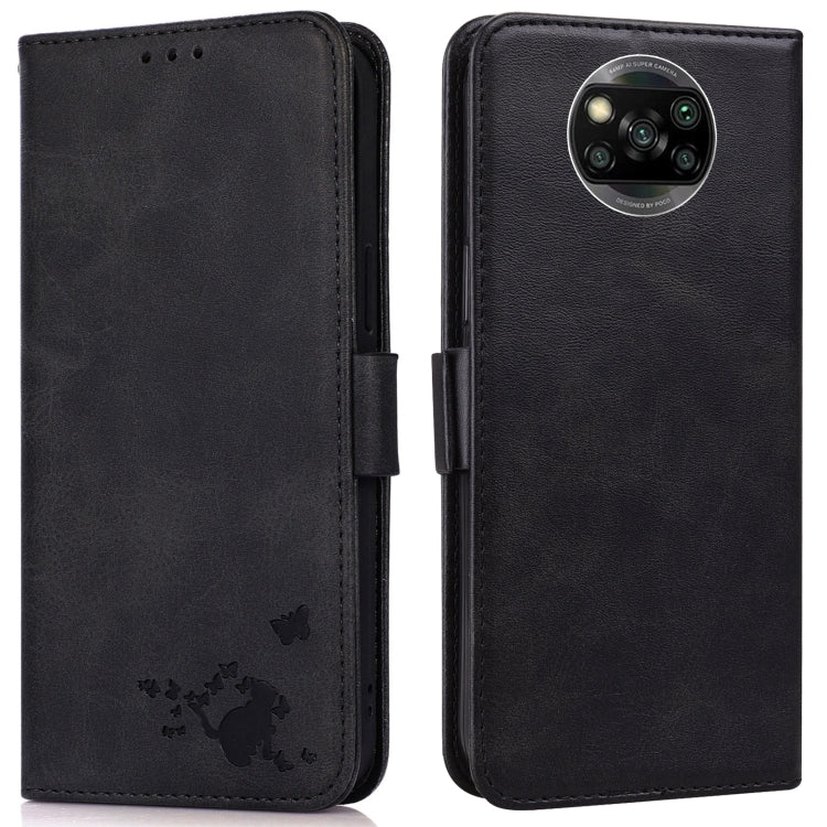 For Xiaomi Poco X3 NFC / X3 Embossed Cat Butterflies Pattern Horizontal Flip Leather Case with Card Slot & Holder & Wallet