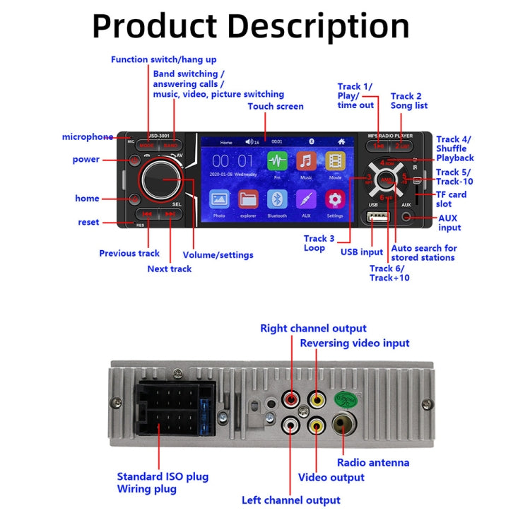 JSD-3001 HD 4 inch Car Stereo Radio MP5 Player Audio Player FM Bluetooth USB / TF AUX