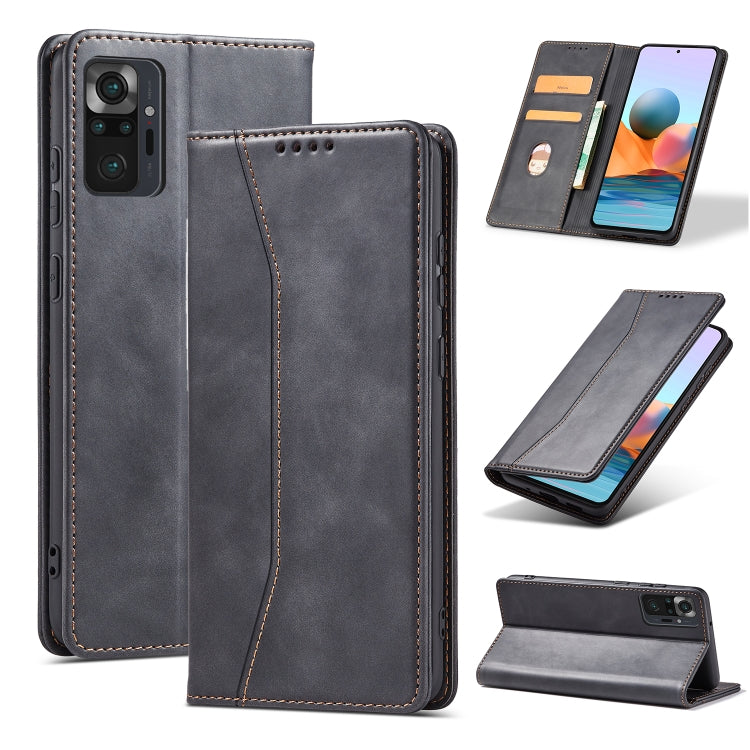 For Xiaomi Redmi Note 10 4G Skin-feel Calfskin Texture Magnetic Dual-Fold Horizontal Flip Leather Case with Holder & Card Slots & Wallet