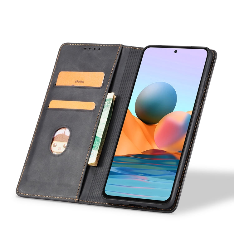 For Xiaomi Redmi Note 10 4G Skin-feel Calfskin Texture Magnetic Dual-Fold Horizontal Flip Leather Case with Holder & Card Slots & Wallet