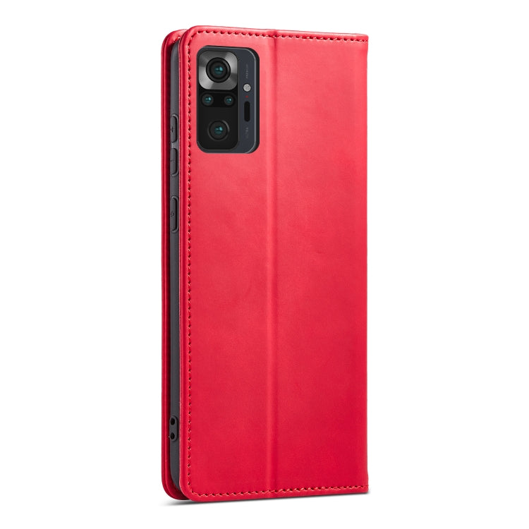 For Xiaomi Redmi Note 10 4G Skin-feel Calfskin Texture Magnetic Dual-Fold Horizontal Flip Leather Case with Holder & Card Slots & Wallet