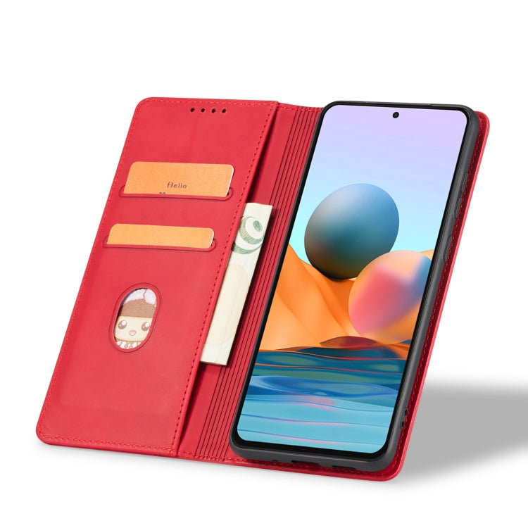 For Xiaomi Redmi Note 10 4G Skin-feel Calfskin Texture Magnetic Dual-Fold Horizontal Flip Leather Case with Holder & Card Slots & Wallet