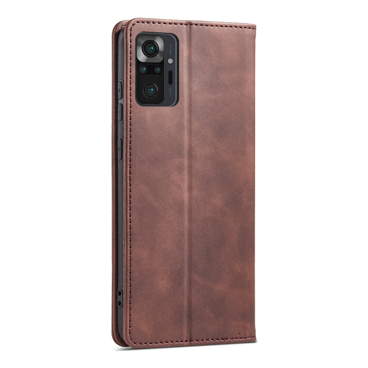 For Xiaomi Redmi Note 10 4G Skin-feel Calfskin Texture Magnetic Dual-Fold Horizontal Flip Leather Case with Holder & Card Slots & Wallet