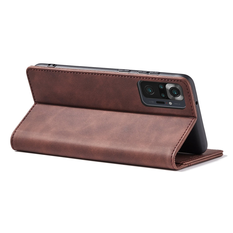 For Xiaomi Redmi Note 10 4G Skin-feel Calfskin Texture Magnetic Dual-Fold Horizontal Flip Leather Case with Holder & Card Slots & Wallet