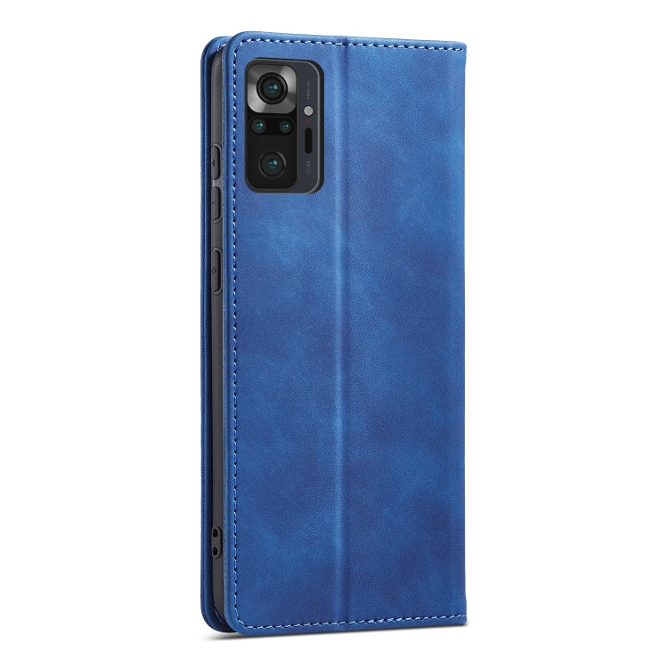 For Xiaomi Redmi Note 10 4G Skin-feel Calfskin Texture Magnetic Dual-Fold Horizontal Flip Leather Case with Holder & Card Slots & Wallet