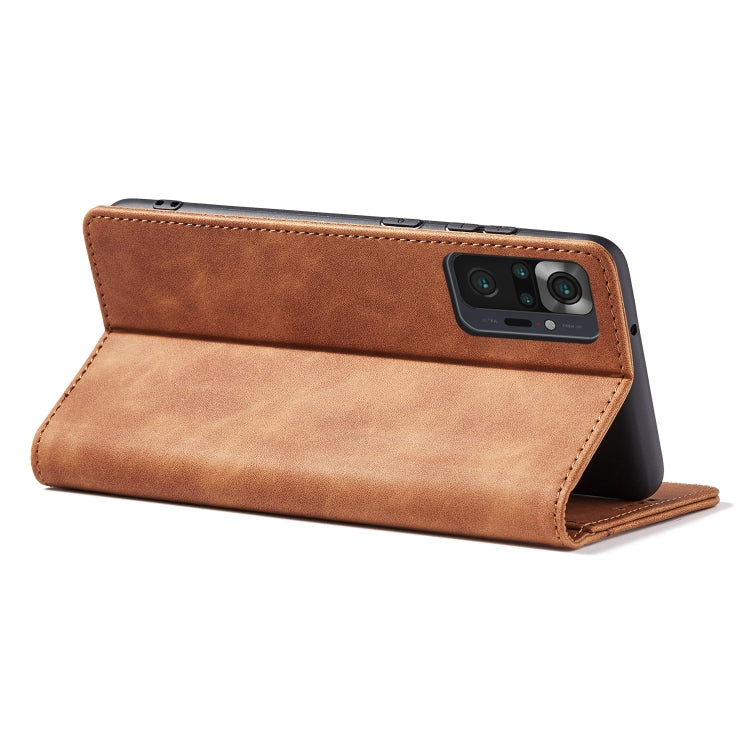 For Xiaomi Redmi Note 10 4G Skin-feel Calfskin Texture Magnetic Dual-Fold Horizontal Flip Leather Case with Holder & Card Slots & Wallet