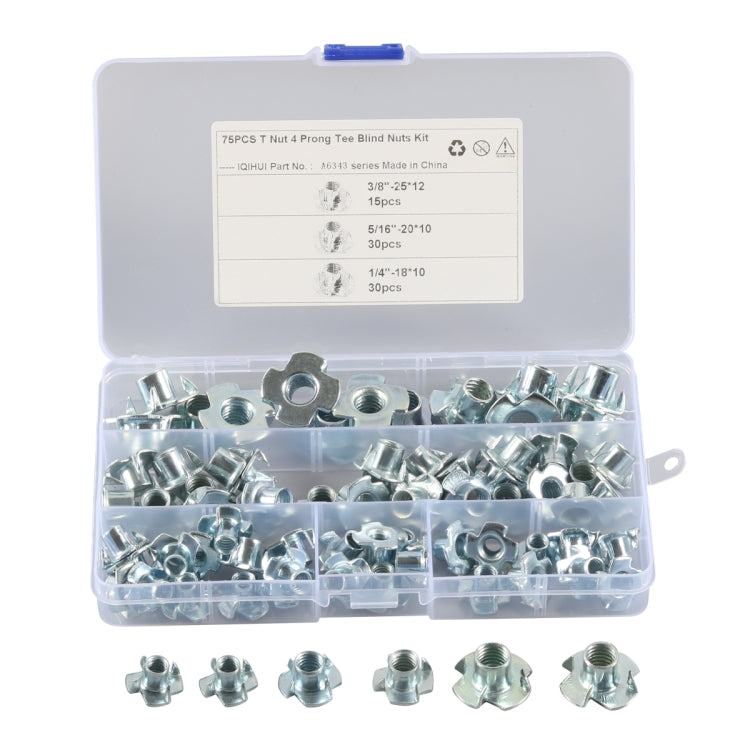 A6343 75 PCS T-Nut 4 Pronged Tee Blind Nuts Assortment Kit