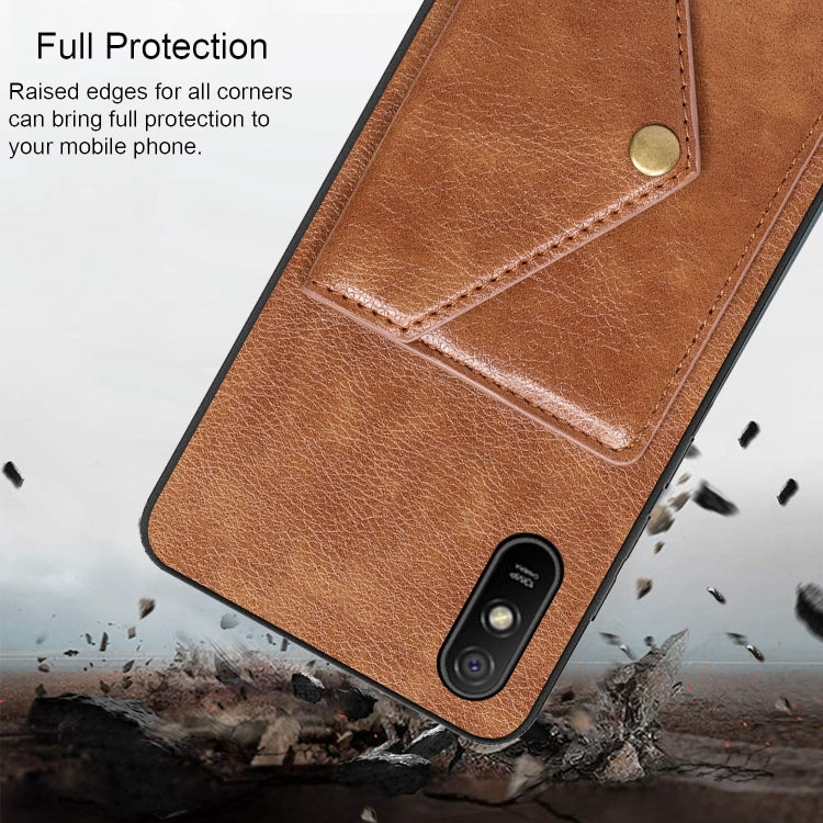 For Xiaomi Redmi 9A Litchi Texture Silicone + PC + PU Leather Back Cover Shockproof Case with Card Slot