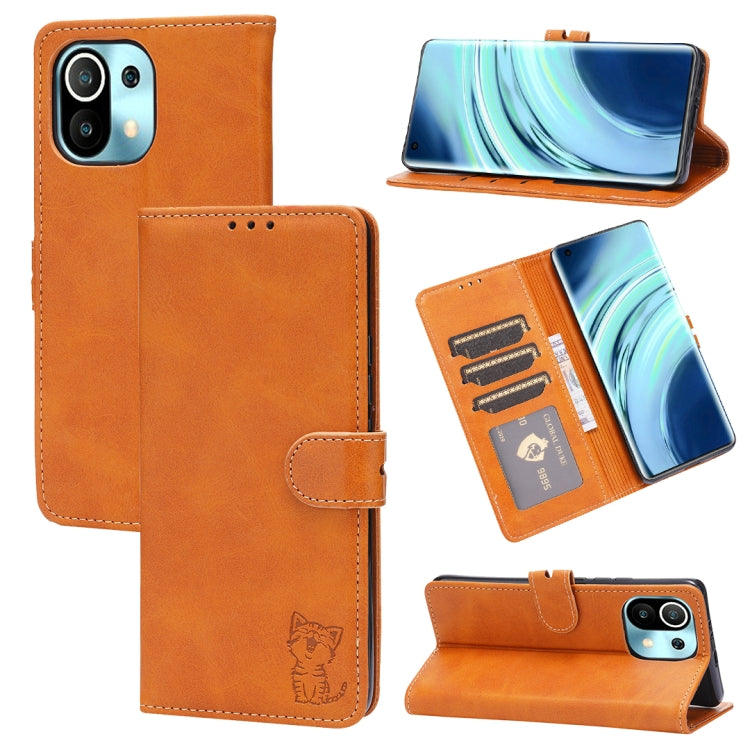 For Xiaomi Mi 11 Embossed Happy Cat Pattern Horizontal Flip Leather Case with Holder & Card Slots & Wallet
