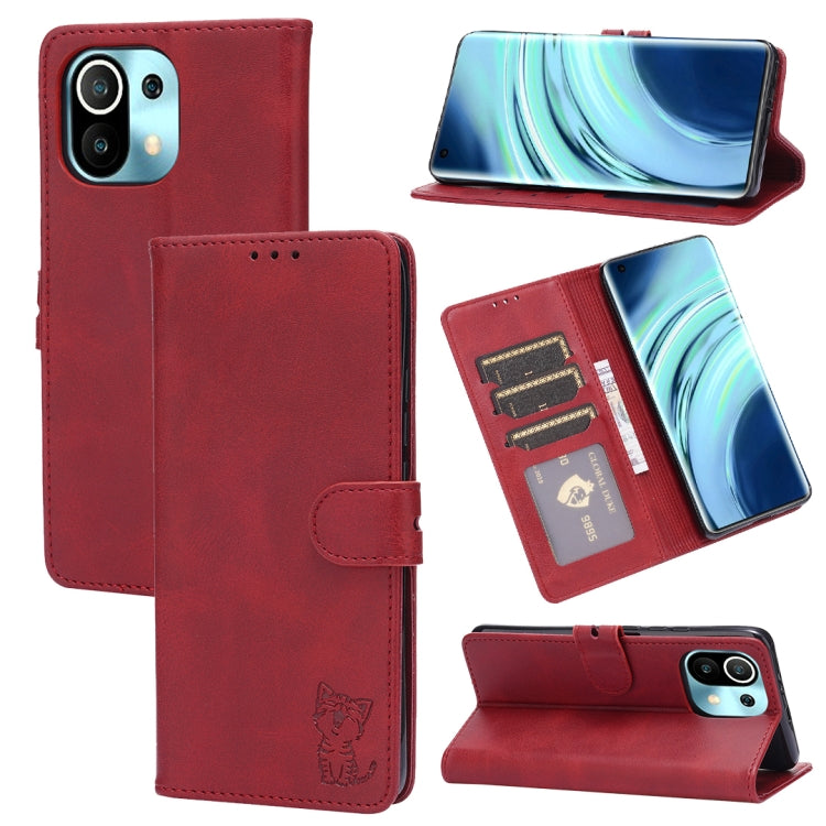 For Xiaomi Mi 11 Embossed Happy Cat Pattern Horizontal Flip Leather Case with Holder & Card Slots & Wallet