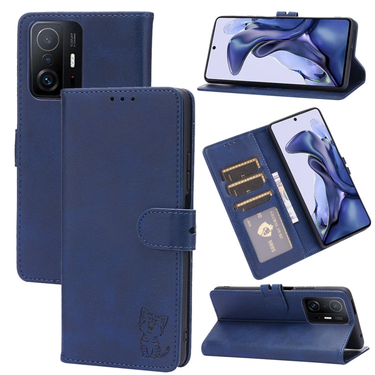 For Xiaomi Mi 11T Embossed Happy Cat Pattern Horizontal Flip Leather Case with Holder & Card Slots & Wallet