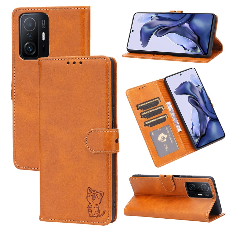For Xiaomi Mi 11T Embossed Happy Cat Pattern Horizontal Flip Leather Case with Holder & Card Slots & Wallet