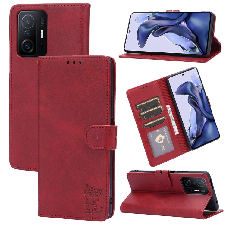 For Xiaomi Mi 11T Embossed Happy Cat Pattern Horizontal Flip Leather Case with Holder & Card Slots & Wallet