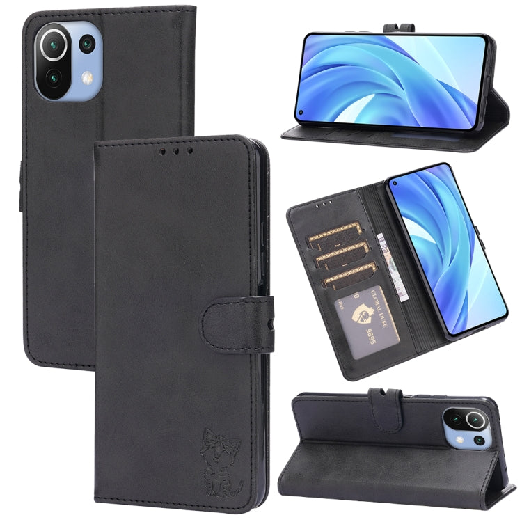For Xiaomi Mi 11 Lite Embossed Happy Cat Pattern Horizontal Flip Leather Case with Holder & Card Slots & Wallet