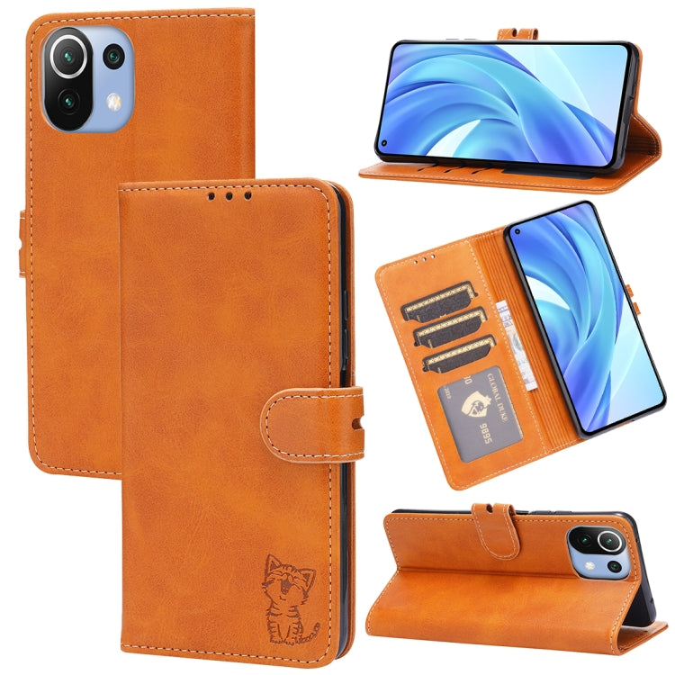 For Xiaomi Mi 11 Lite Embossed Happy Cat Pattern Horizontal Flip Leather Case with Holder & Card Slots & Wallet
