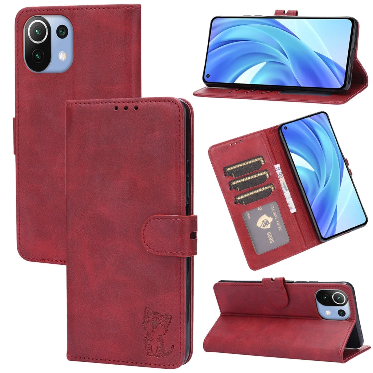 For Xiaomi Mi 11 Lite Embossed Happy Cat Pattern Horizontal Flip Leather Case with Holder & Card Slots & Wallet