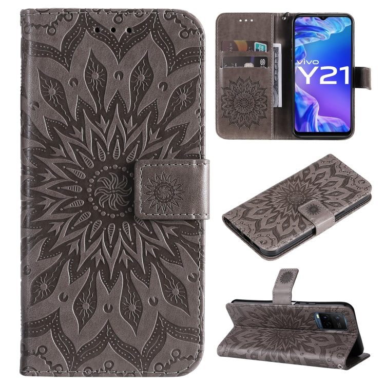 For vivo Y21/Y21s/Y33s Pressed Printing Sunflower Pattern Horizontal Flip PU Leather Case with Holder & Card Slots & Wallet & Lanyard