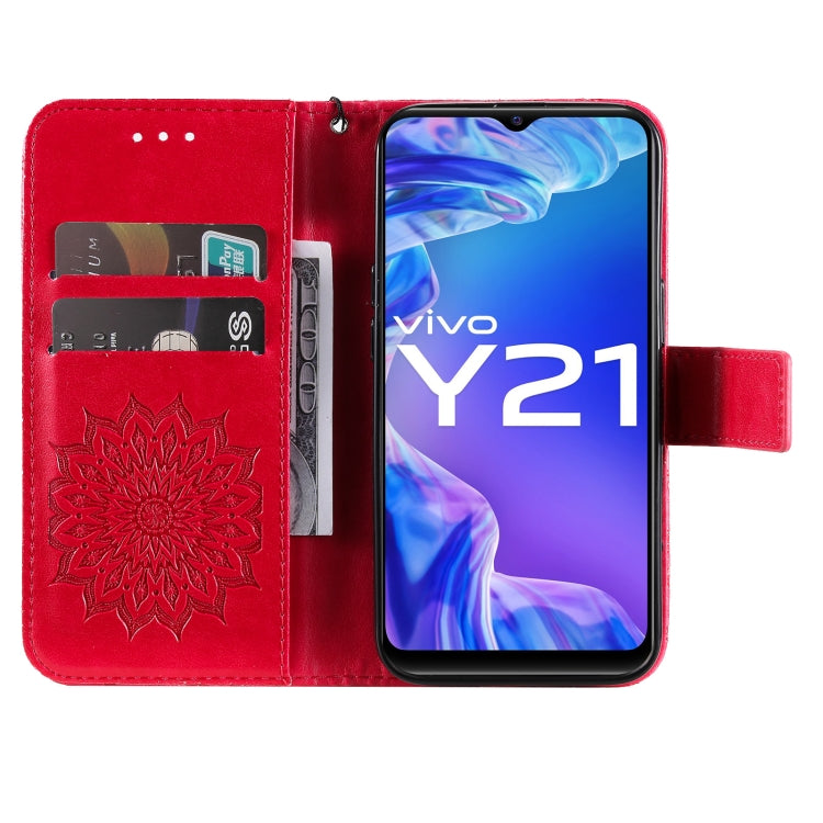 For vivo Y21/Y21s/Y33s Pressed Printing Sunflower Pattern Horizontal Flip PU Leather Case with Holder & Card Slots & Wallet & Lanyard