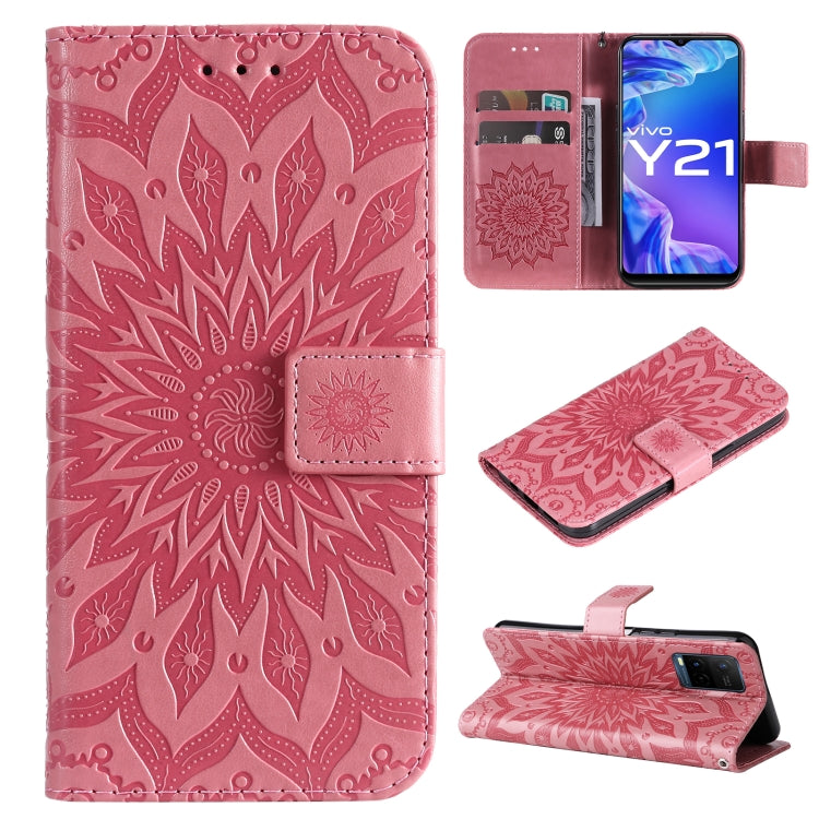 For vivo Y21/Y21s/Y33s Pressed Printing Sunflower Pattern Horizontal Flip PU Leather Case with Holder & Card Slots & Wallet & Lanyard
