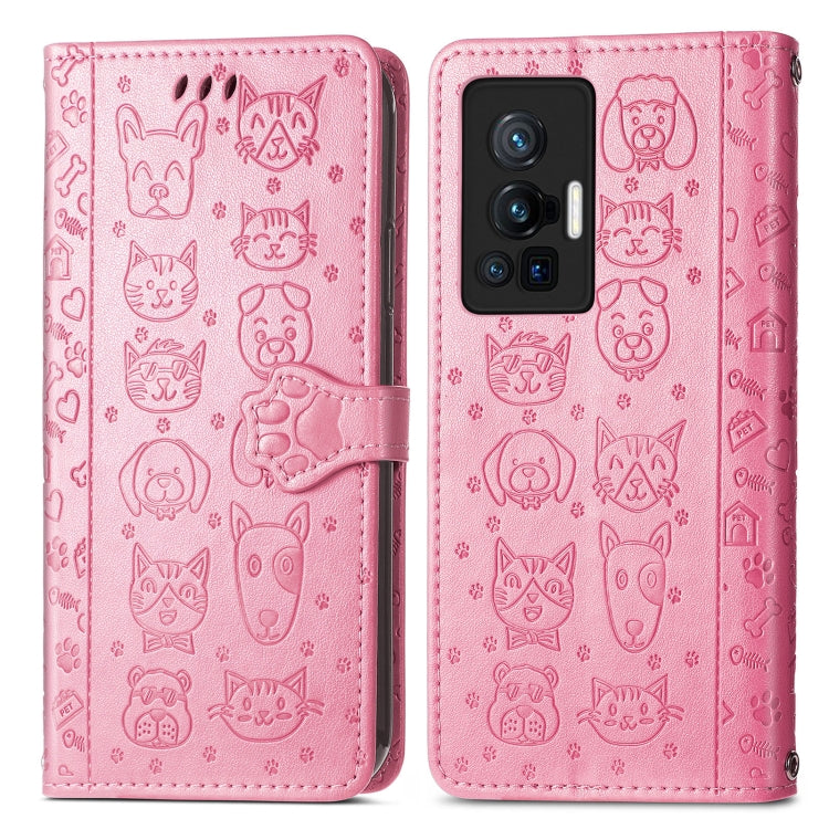 For vivo X70 Pro Lovely Cat and Dog Embossing Pattern Horizontal Flip Leather Phone Case with Holder & Card Slots & Wallet & Cartoon Clasp & Lanyard