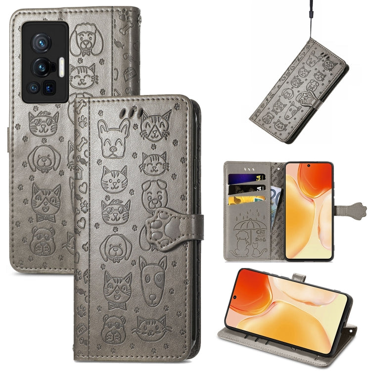 For vivo X70 Pro Lovely Cat and Dog Embossing Pattern Horizontal Flip Leather Phone Case with Holder & Card Slots & Wallet & Cartoon Clasp & Lanyard