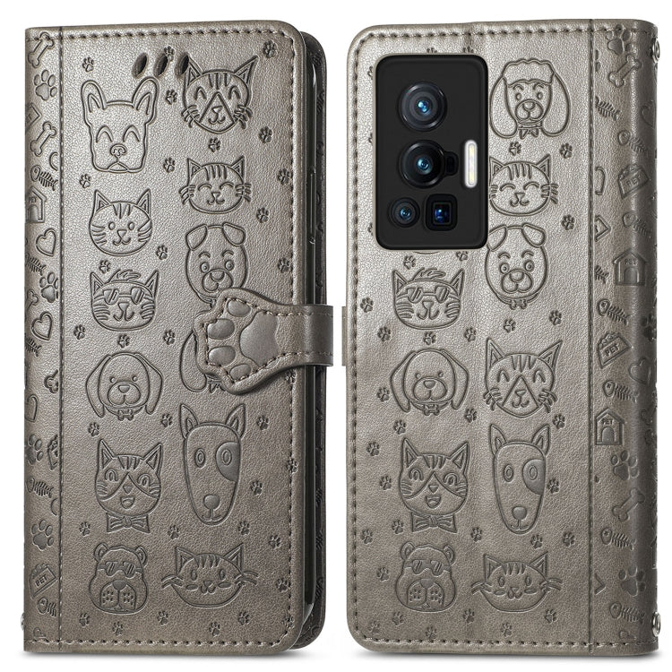 For vivo X70 Pro Lovely Cat and Dog Embossing Pattern Horizontal Flip Leather Phone Case with Holder & Card Slots & Wallet & Cartoon Clasp & Lanyard