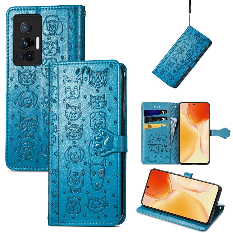 For vivo X70 Pro Lovely Cat and Dog Embossing Pattern Horizontal Flip Leather Phone Case with Holder & Card Slots & Wallet & Cartoon Clasp & Lanyard