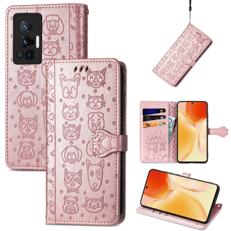 For vivo X70 Pro Lovely Cat and Dog Embossing Pattern Horizontal Flip Leather Phone Case with Holder & Card Slots & Wallet & Cartoon Clasp & Lanyard