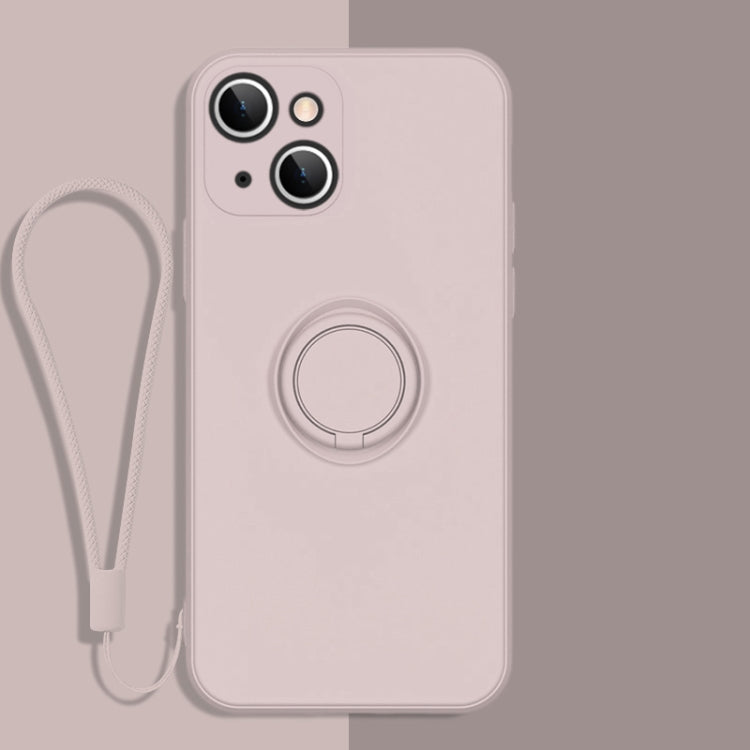 For iPhone 13 mini All-inclusive Liquid Silicone Phone Protective Case with Ring Holder & Lanyard