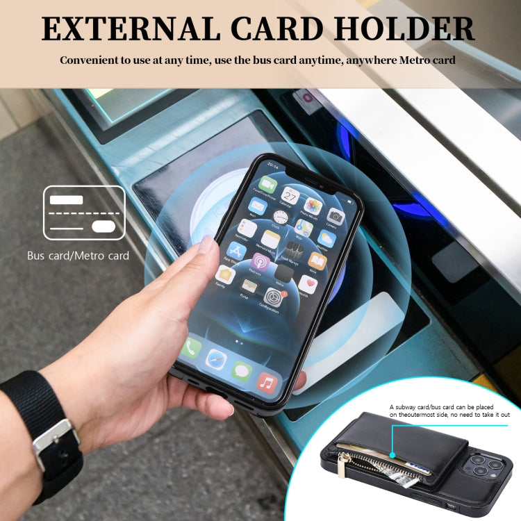 For iPhone 12 / 12 Pro Zipper Wallet Bag PU Back Cover Shockrpoof Phone Case with Holder & Card Slots & Wallet