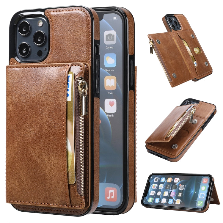 For iPhone 12 / 12 Pro Zipper Wallet Bag PU Back Cover Shockrpoof Phone Case with Holder & Card Slots & Wallet