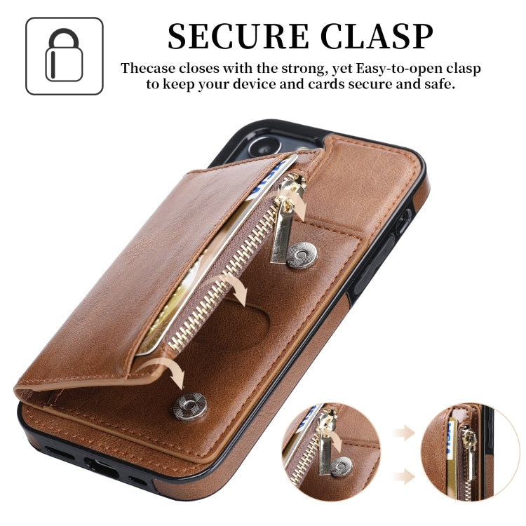 For iPhone 12 / 12 Pro Zipper Wallet Bag PU Back Cover Shockrpoof Phone Case with Holder & Card Slots & Wallet