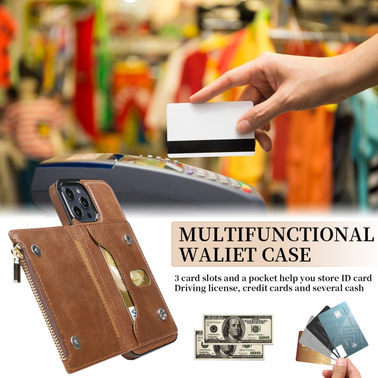 For iPhone 12 / 12 Pro Zipper Wallet Bag PU Back Cover Shockrpoof Phone Case with Holder & Card Slots & Wallet