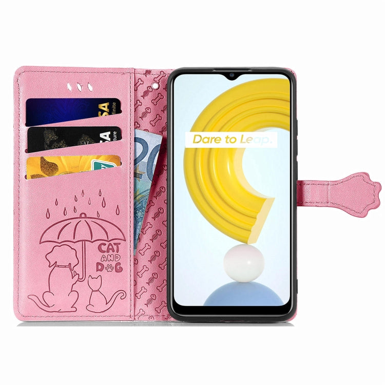 For OPPO Realme C21Y Cat and Dog Embossed Horizontal Flip Phone Leather Case with Holder & Card Slot & Wallet & Lanyard