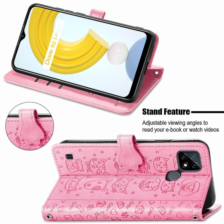 For OPPO Realme C21Y Cat and Dog Embossed Horizontal Flip Phone Leather Case with Holder & Card Slot & Wallet & Lanyard