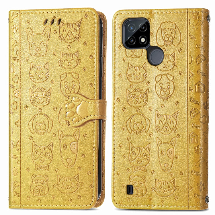 For OPPO Realme C21Y Cat and Dog Embossed Horizontal Flip Phone Leather Case with Holder & Card Slot & Wallet & Lanyard