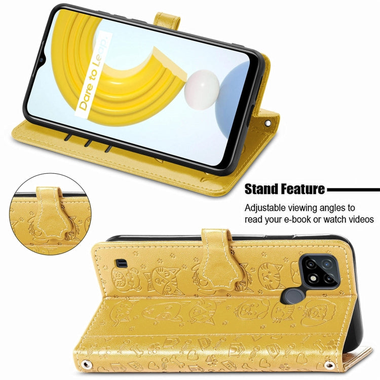 For OPPO Realme C21Y Cat and Dog Embossed Horizontal Flip Phone Leather Case with Holder & Card Slot & Wallet & Lanyard