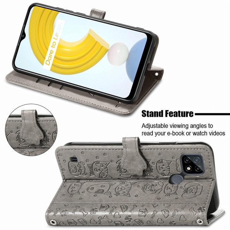 For OPPO Realme C21Y Cat and Dog Embossed Horizontal Flip Phone Leather Case with Holder & Card Slot & Wallet & Lanyard