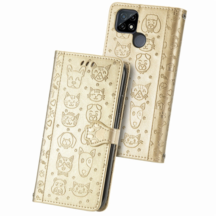 For OPPO Realme C21Y Cat and Dog Embossed Horizontal Flip Phone Leather Case with Holder & Card Slot & Wallet & Lanyard