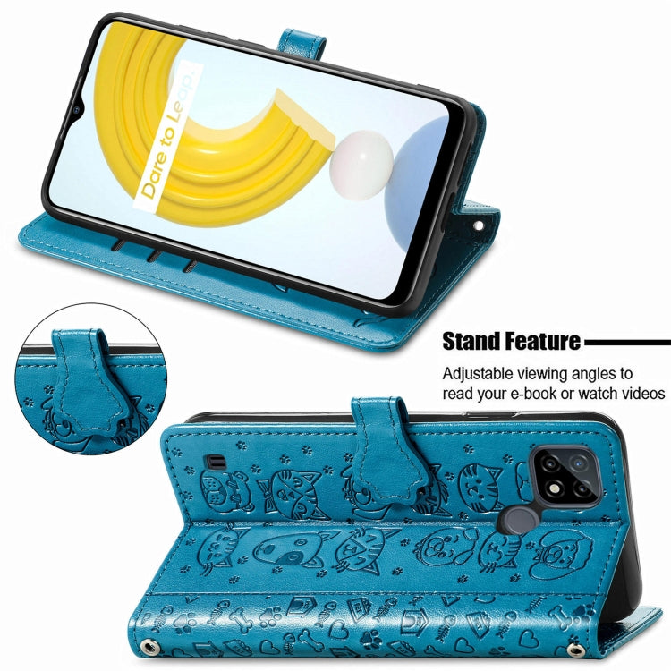 For OPPO Realme C21Y Cat and Dog Embossed Horizontal Flip Phone Leather Case with Holder & Card Slot & Wallet & Lanyard