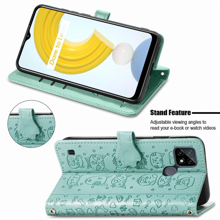 For OPPO Realme C21Y Cat and Dog Embossed Horizontal Flip Phone Leather Case with Holder & Card Slot & Wallet & Lanyard
