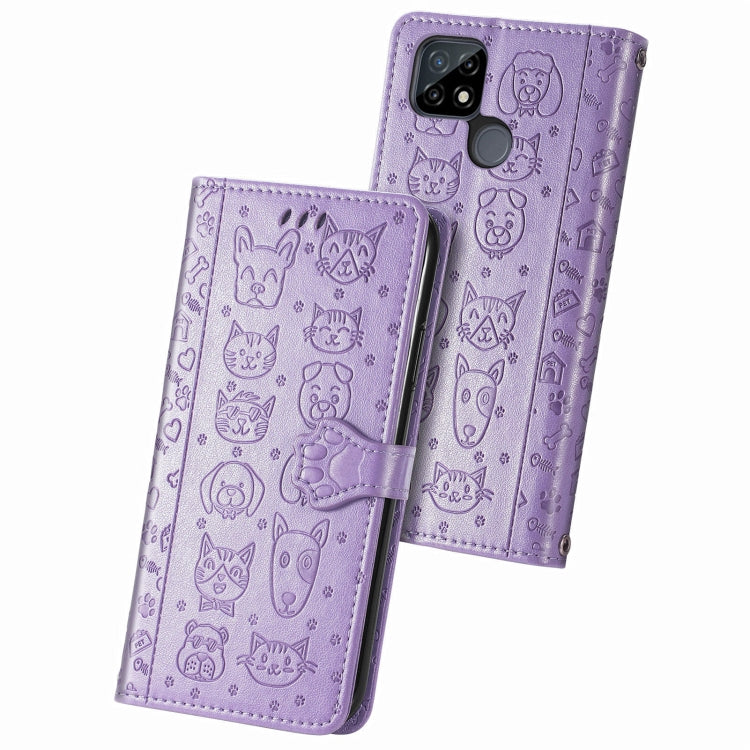 For OPPO Realme C21Y Cat and Dog Embossed Horizontal Flip Phone Leather Case with Holder & Card Slot & Wallet & Lanyard