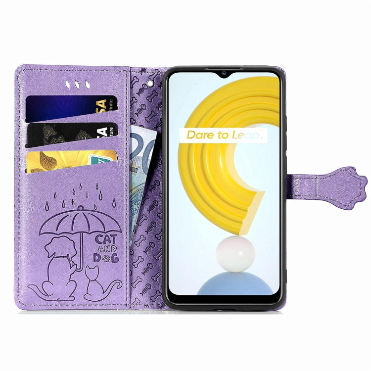 For OPPO Realme C21Y Cat and Dog Embossed Horizontal Flip Phone Leather Case with Holder & Card Slot & Wallet & Lanyard