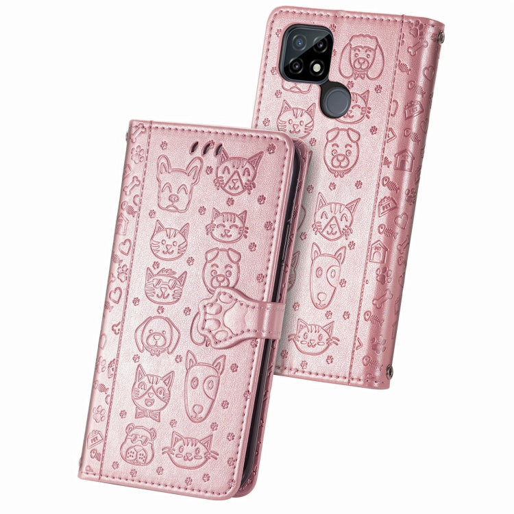 For OPPO Realme C21Y Cat and Dog Embossed Horizontal Flip Phone Leather Case with Holder & Card Slot & Wallet & Lanyard