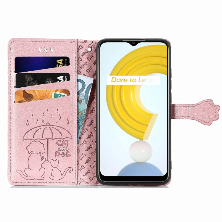 For OPPO Realme C21Y Cat and Dog Embossed Horizontal Flip Phone Leather Case with Holder & Card Slot & Wallet & Lanyard