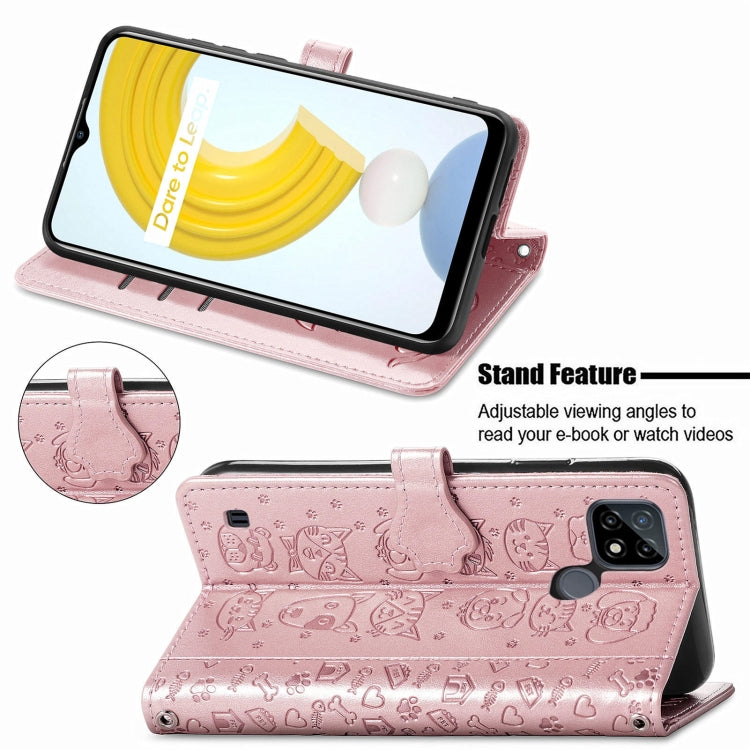 For OPPO Realme C21Y Cat and Dog Embossed Horizontal Flip Phone Leather Case with Holder & Card Slot & Wallet & Lanyard