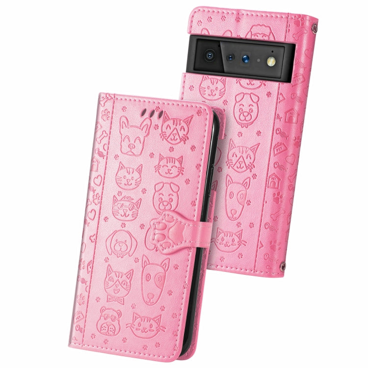 For Google Pixel 6 Cat and Dog Embossed Horizontal Flip Phone Leather Case with Holder & Card Slot & Wallet & Lanyard