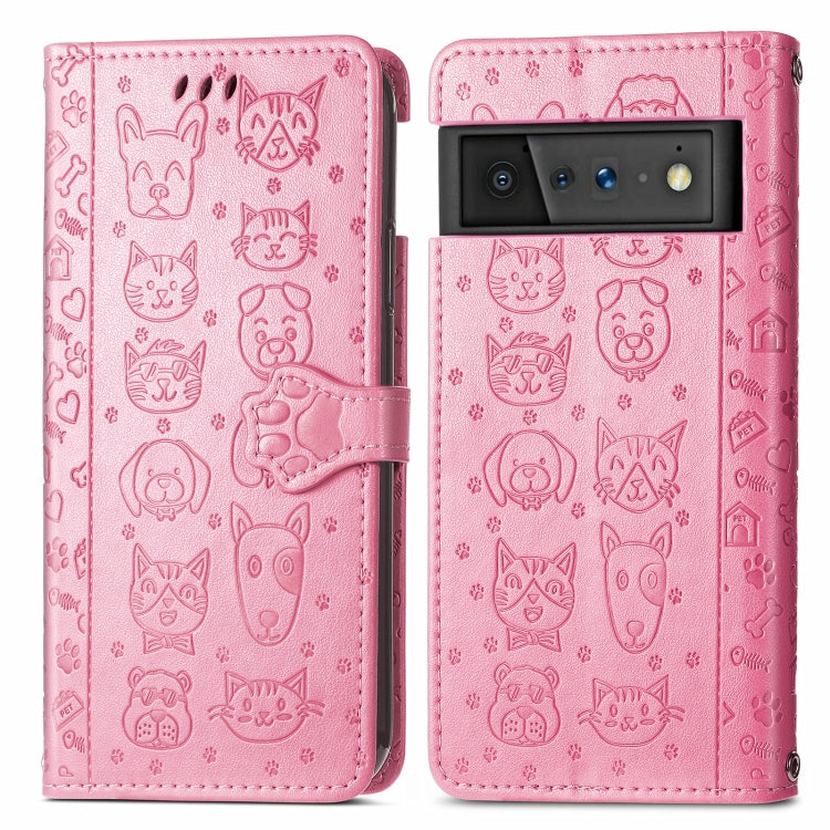 For Google Pixel 6 Cat and Dog Embossed Horizontal Flip Phone Leather Case with Holder & Card Slot & Wallet & Lanyard