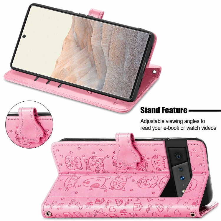 For Google Pixel 6 Cat and Dog Embossed Horizontal Flip Phone Leather Case with Holder & Card Slot & Wallet & Lanyard